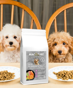 Mac Tire Grain Free Salmon Sweet Potato Small Breed Dog Food dogs at the table waiting for food